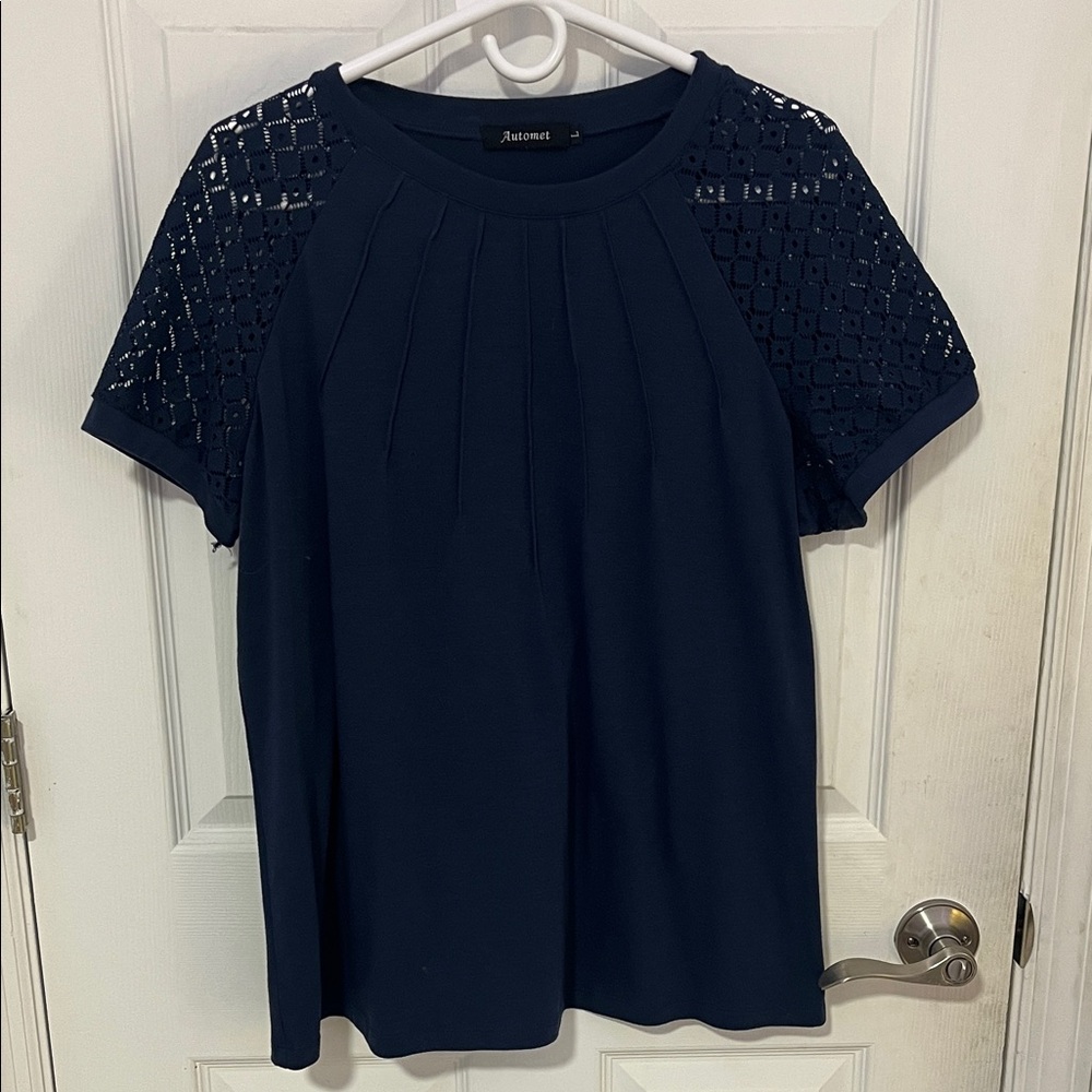 Automet - Navy Lace Sleeve Women's Top